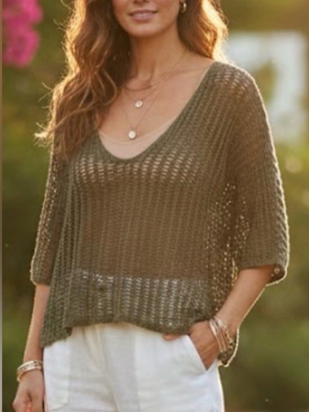 Olive Green Crochet Sweater Womens M L Open Knit V Neck Beach Cover Up